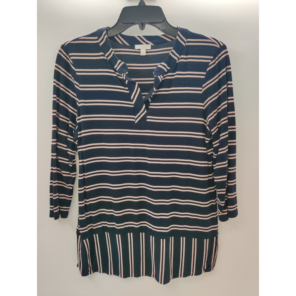 Talbots Petites Navy Pink Striped Split Neck 3/4 Sleeve Tunic Top Size Mp